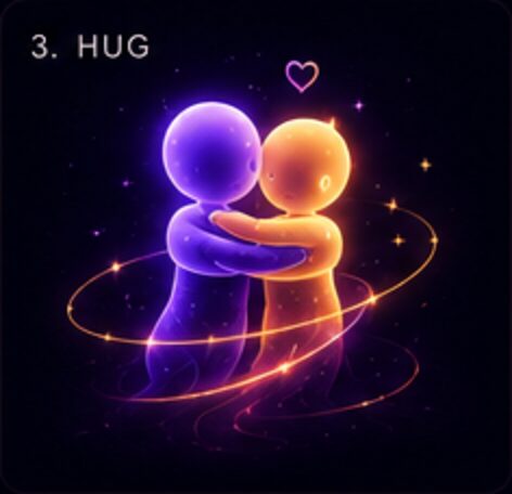 Hug reaction — glowing violet and amber figures embracing