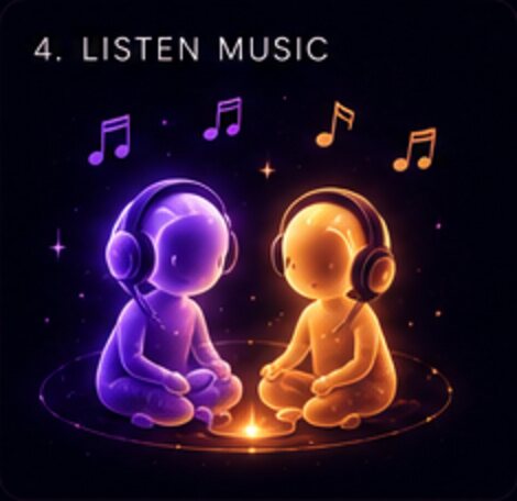 Our song reaction — glowing figures listening together