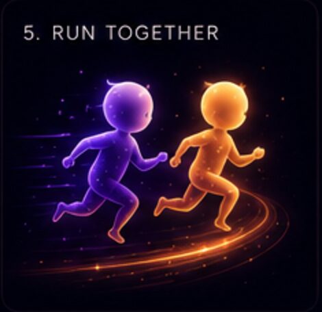 Proud of us reaction — glowing figures running together