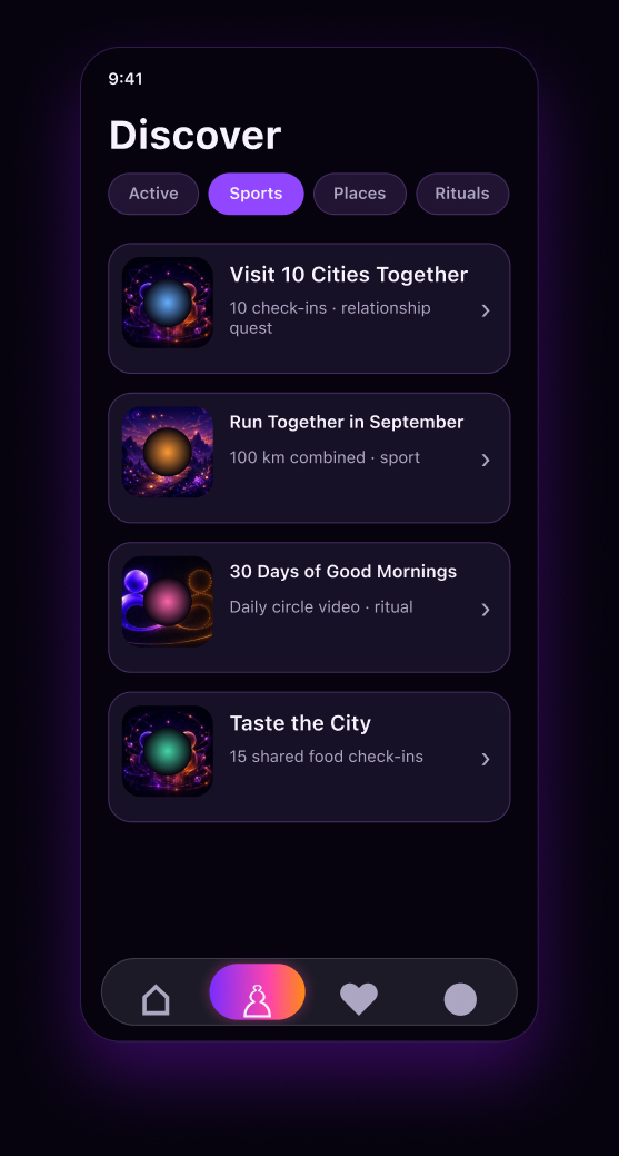 Perunika quest catalog screen showing shared challenges