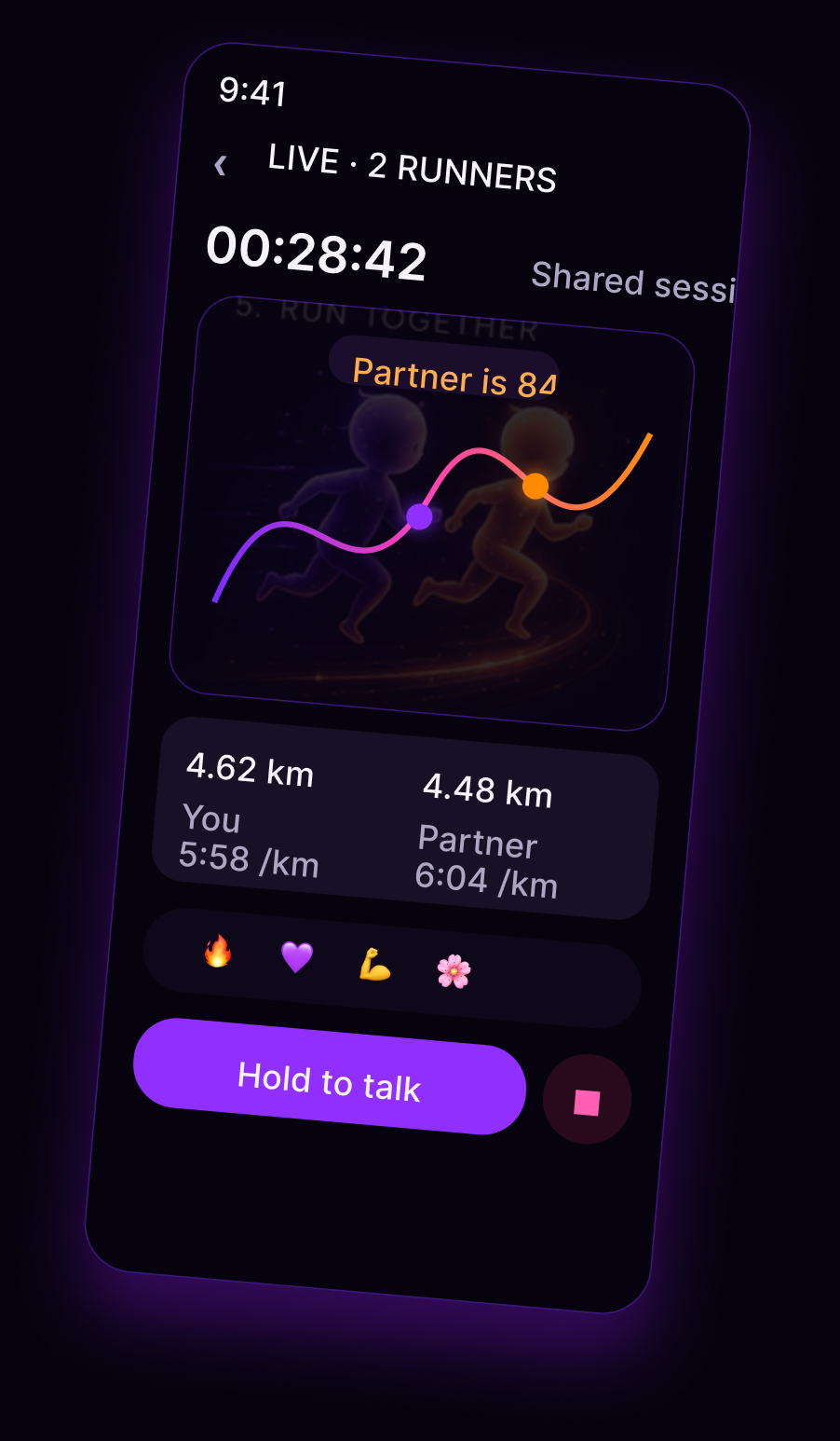 Perunika Live Together screen showing two runners' routes side by side with live pace and a push-to-talk button