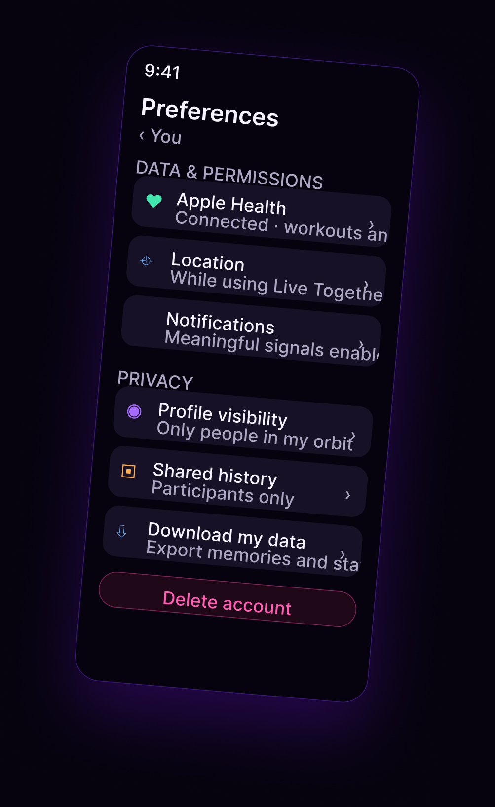 Perunika Preferences screen showing Apple Health connected for workouts, location while using Live Together and privacy controls